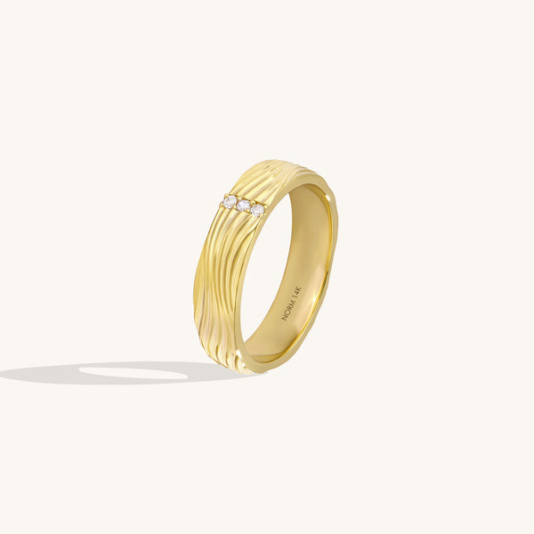 14K Real Yellow Gold Trilogy Wave 3.60mm Band Ring