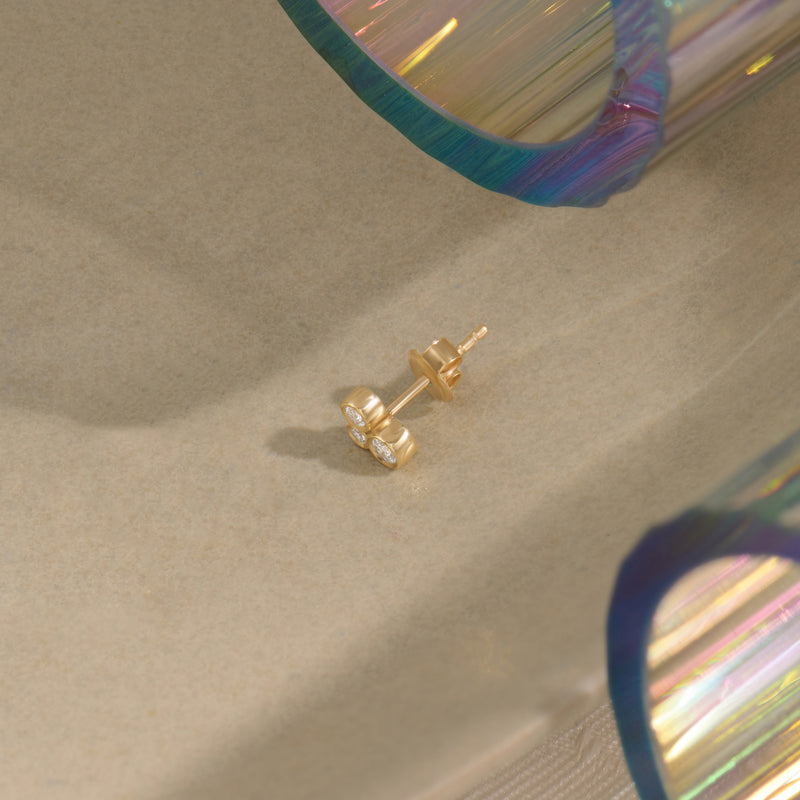 14k Solid Gold Trio CZ Diamond Bezel Cluster Earrings
