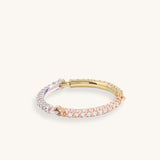 Three Colored Full Pave Link Band Ring in 14K Solid Gold