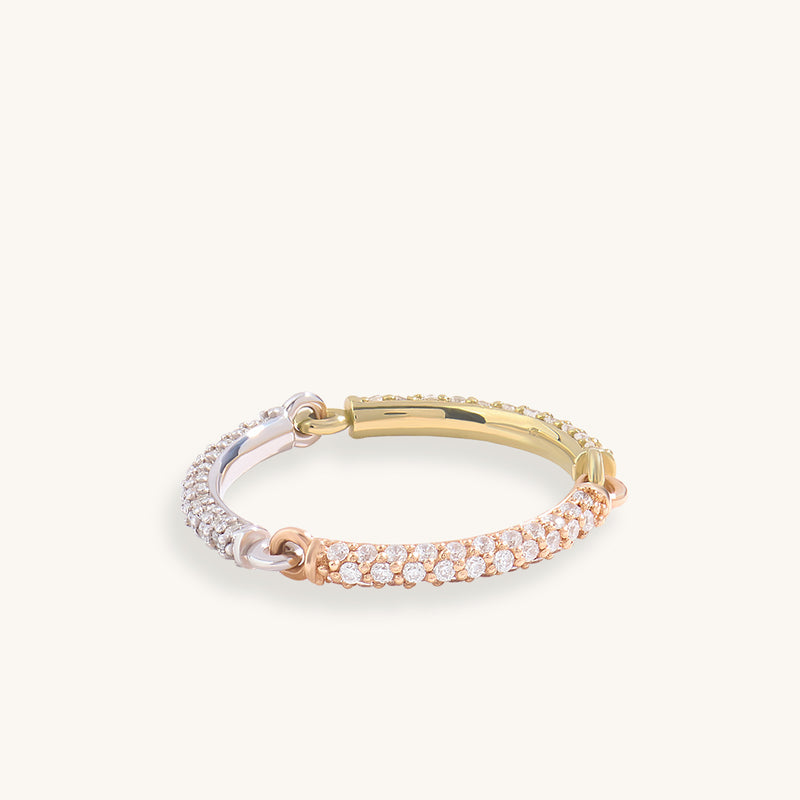 Three Colored Full Pave Link Band Ring in 14K Solid Gold