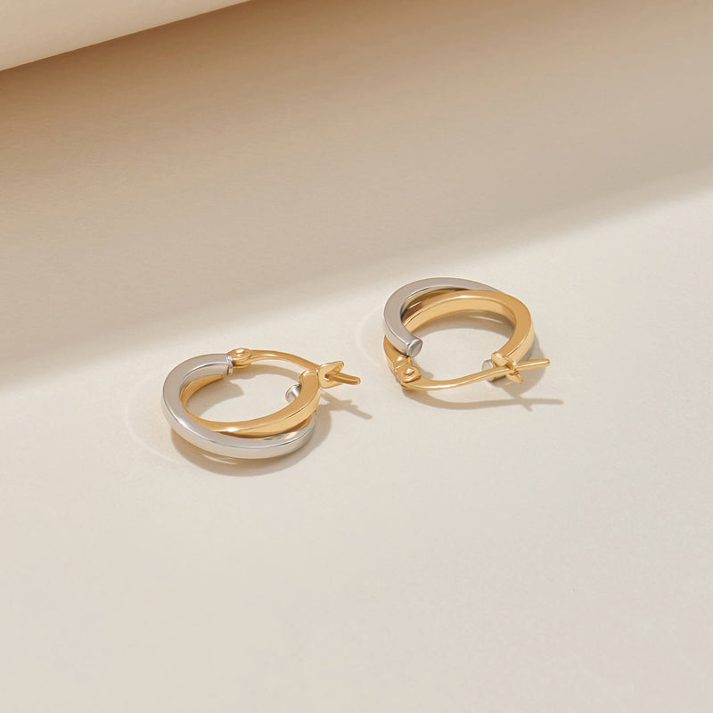 Two-Tone Crossover Hoop Earrings in Real 14K Gold