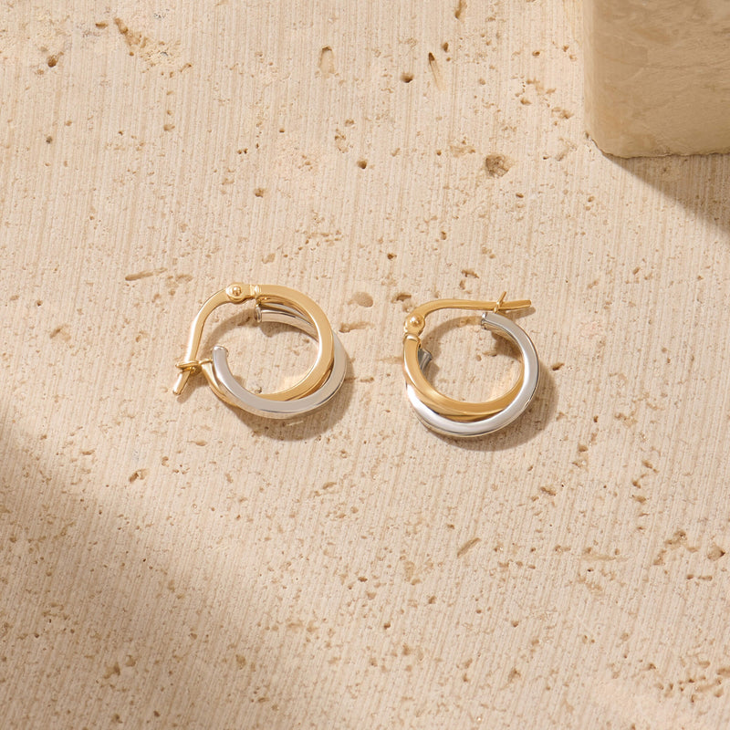 Two-Tone Crossover Design Hoop Earrings in Solid Gold