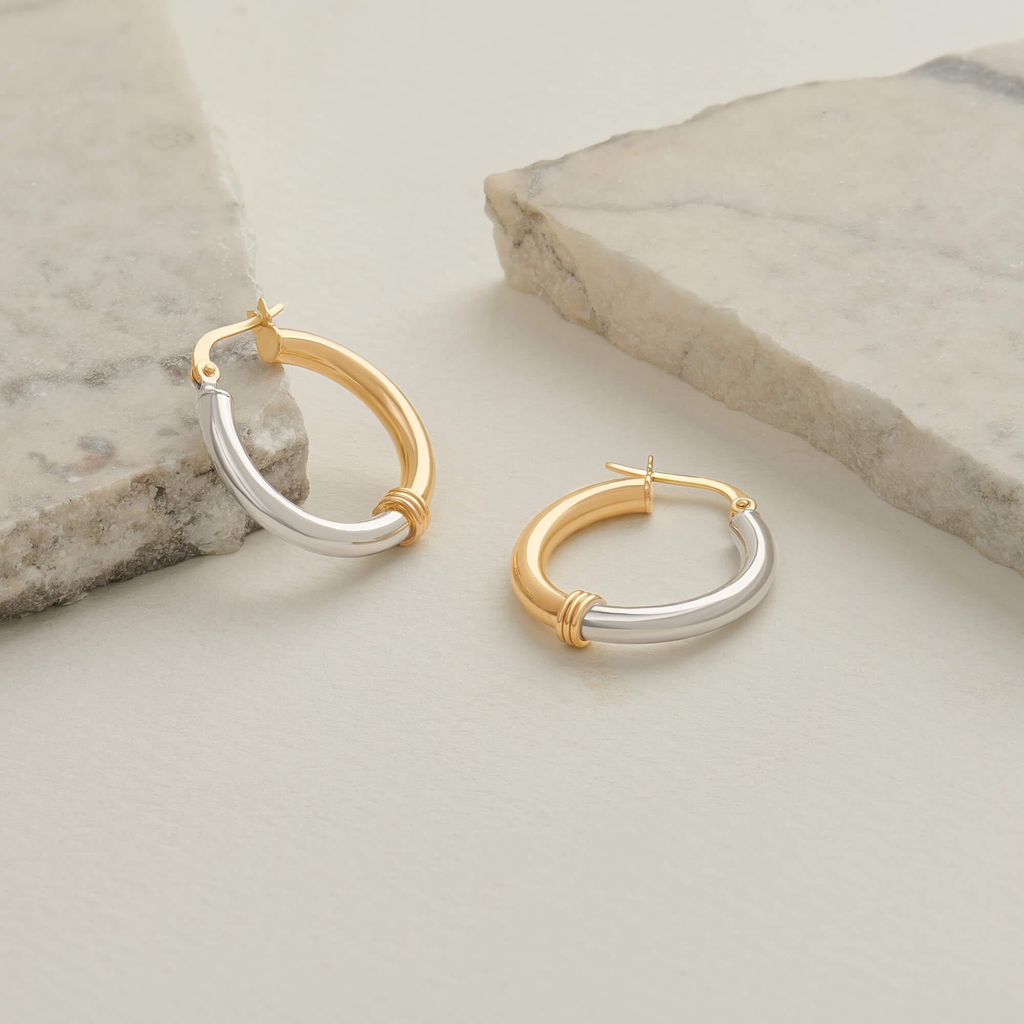 Two-Tone Round Hoop Earrings in 14K Real Yellow Gold