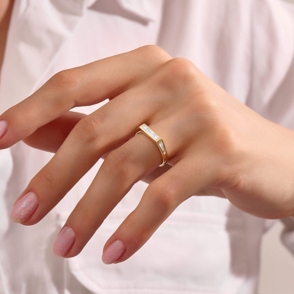 Women's Unique Baguette Signet Ring in Solid Gold