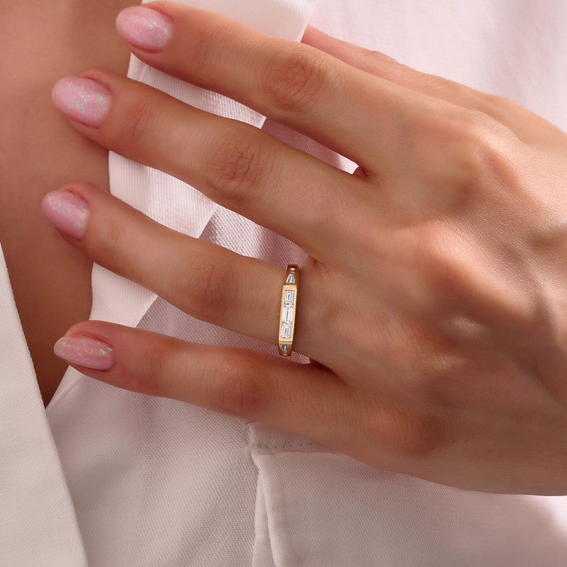 Women's Unique Design Baguette Signet Ring in Solid Yellow Gold