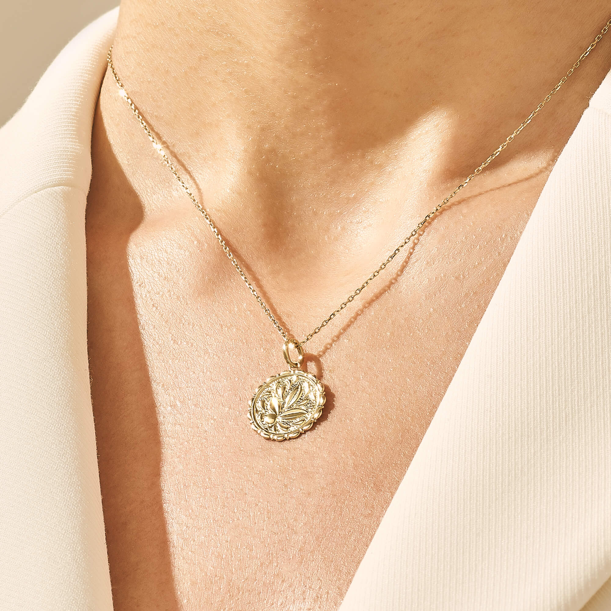 Vintage Flower Coin Necklace in Gold