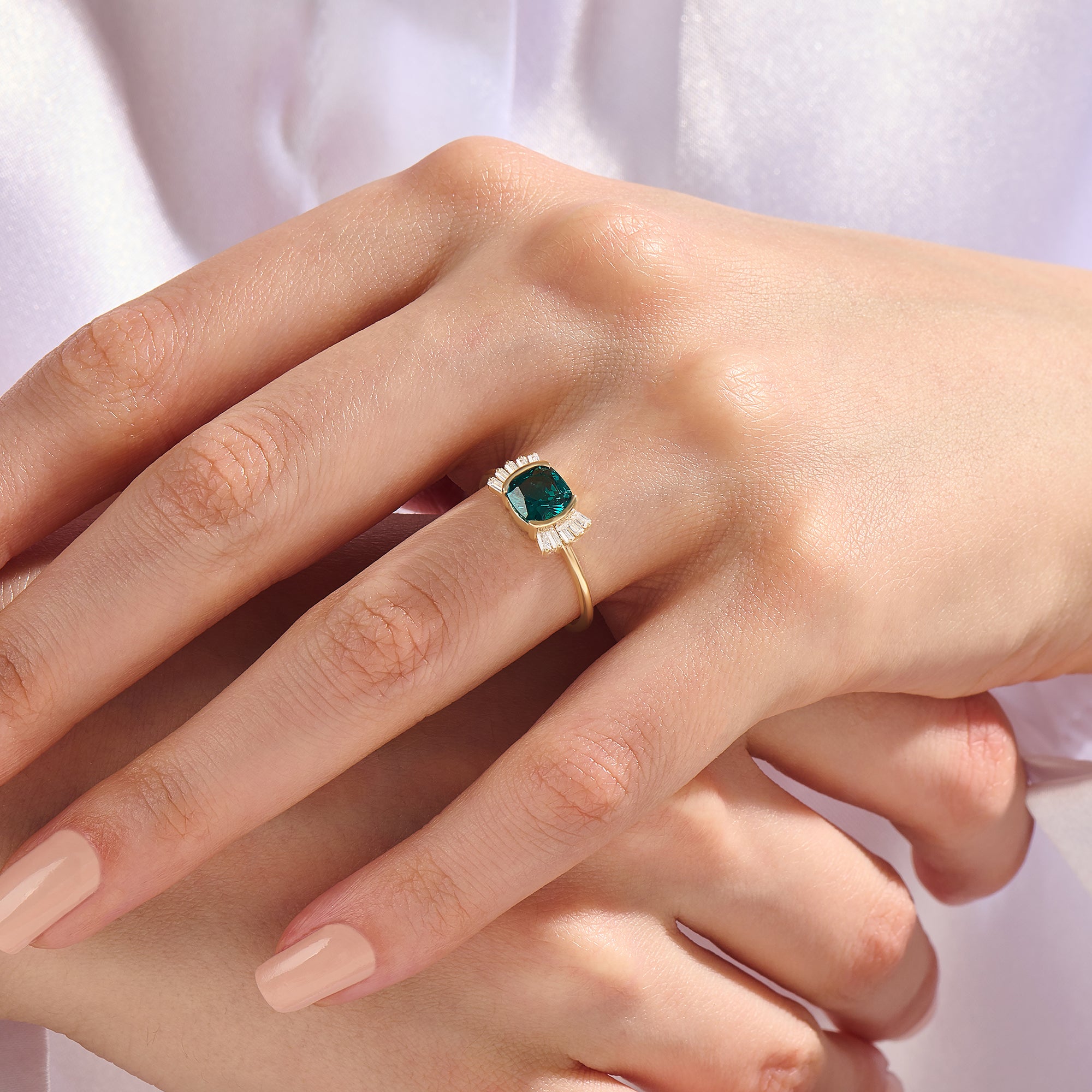 14K Real Gold Vintage Cushion Arctic Green Engagement Ring