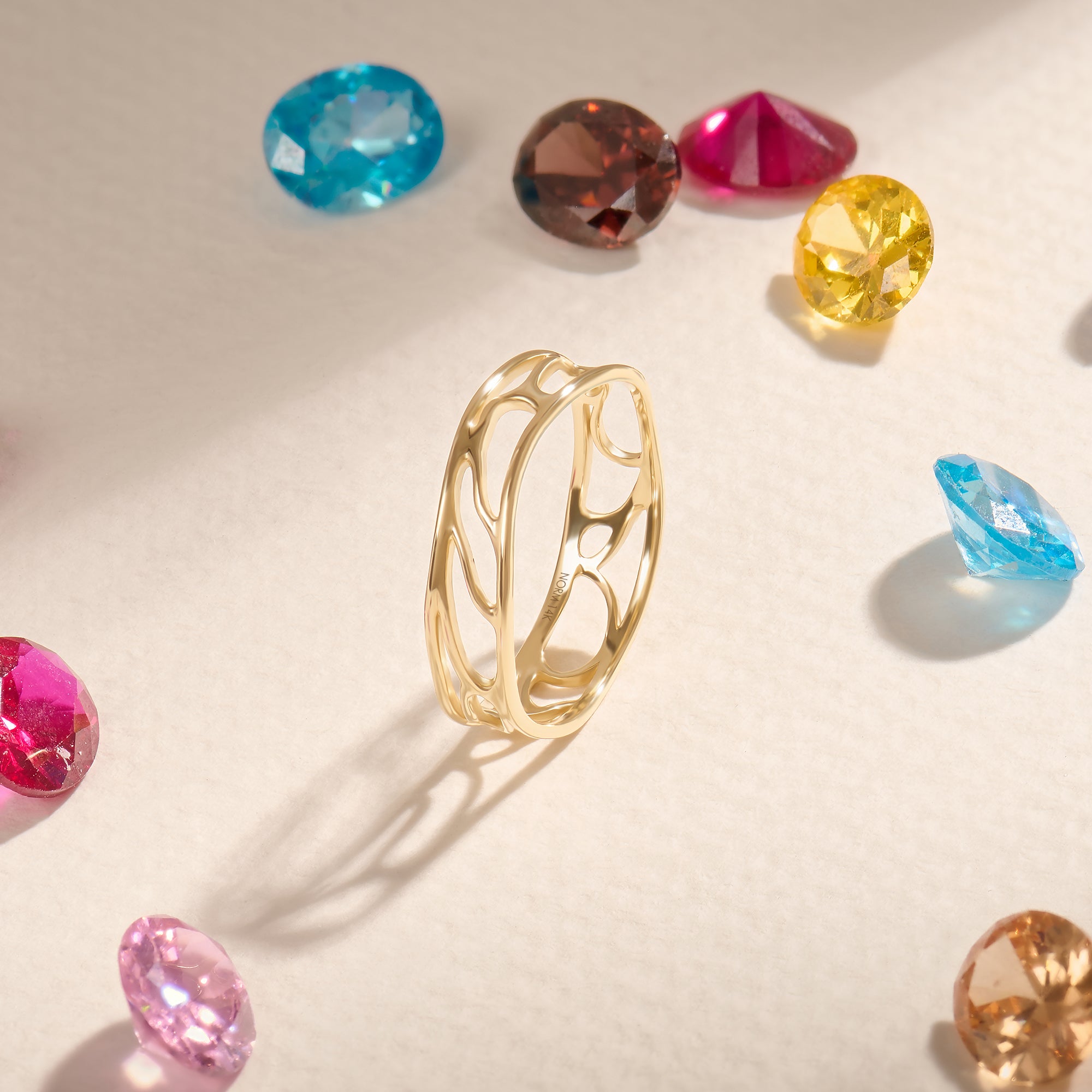 Women's 14K Real Yellow Gold Wave Outline Band Ring