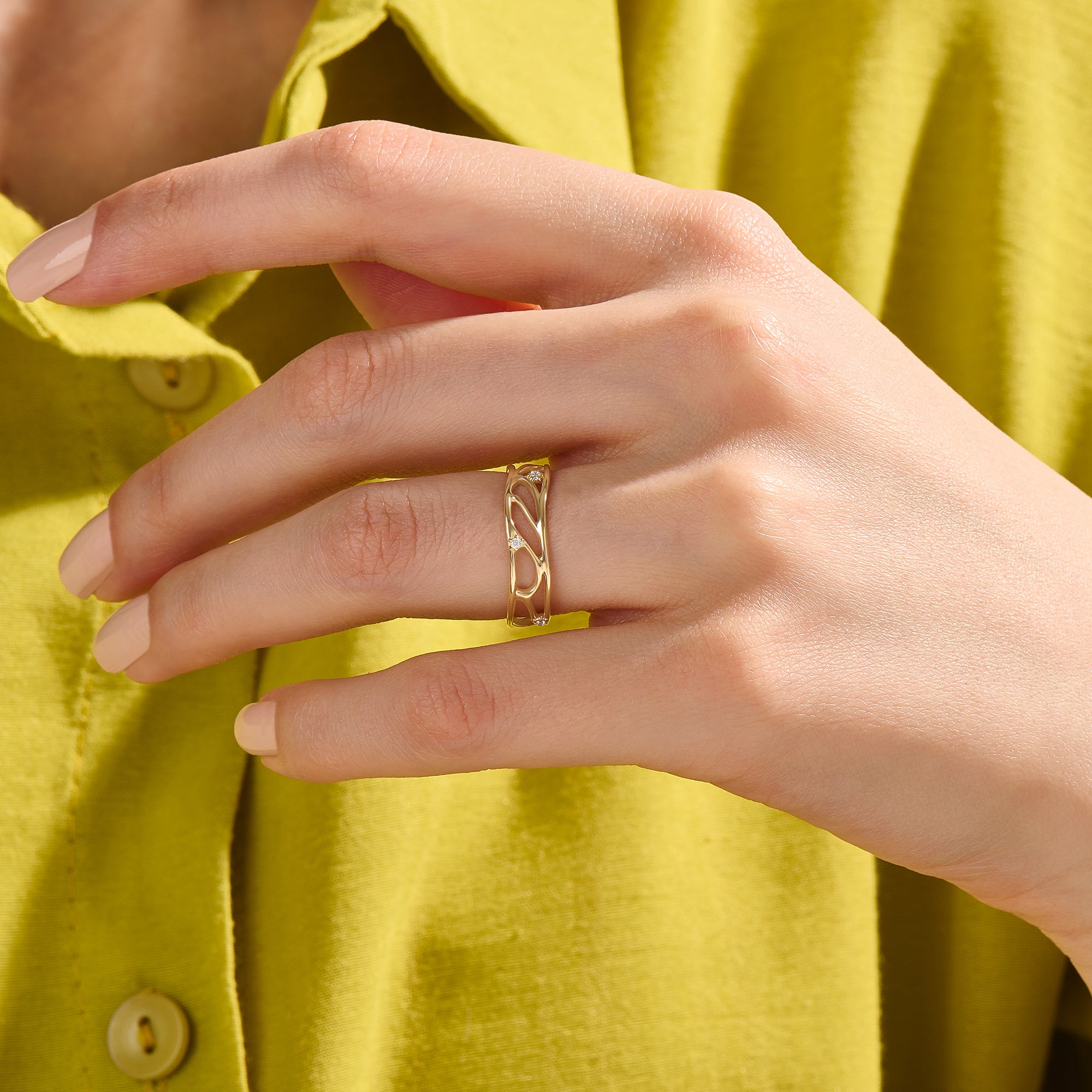 Women's 14K Solid Gold Wave Outline Pave Band Ring