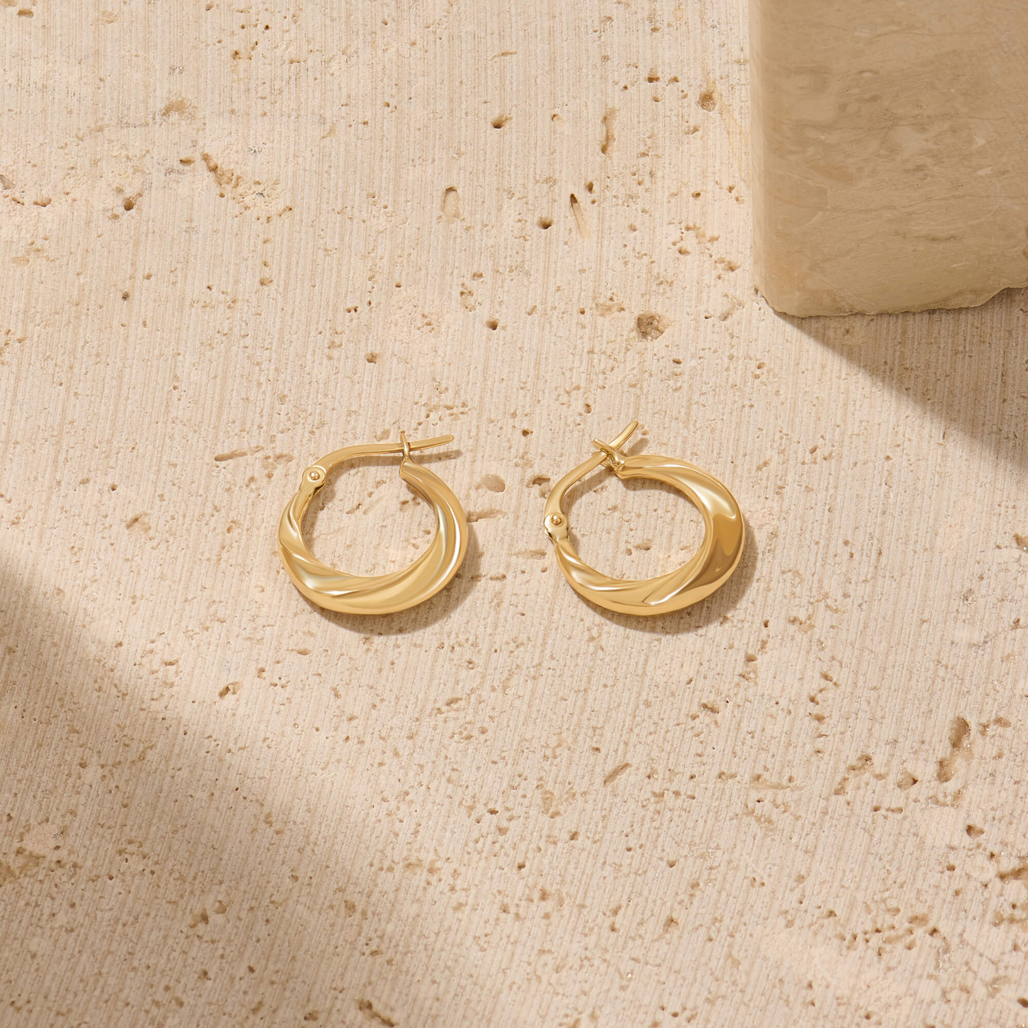 Waved Hoop Earrings in 14K Solid Yellow Gold