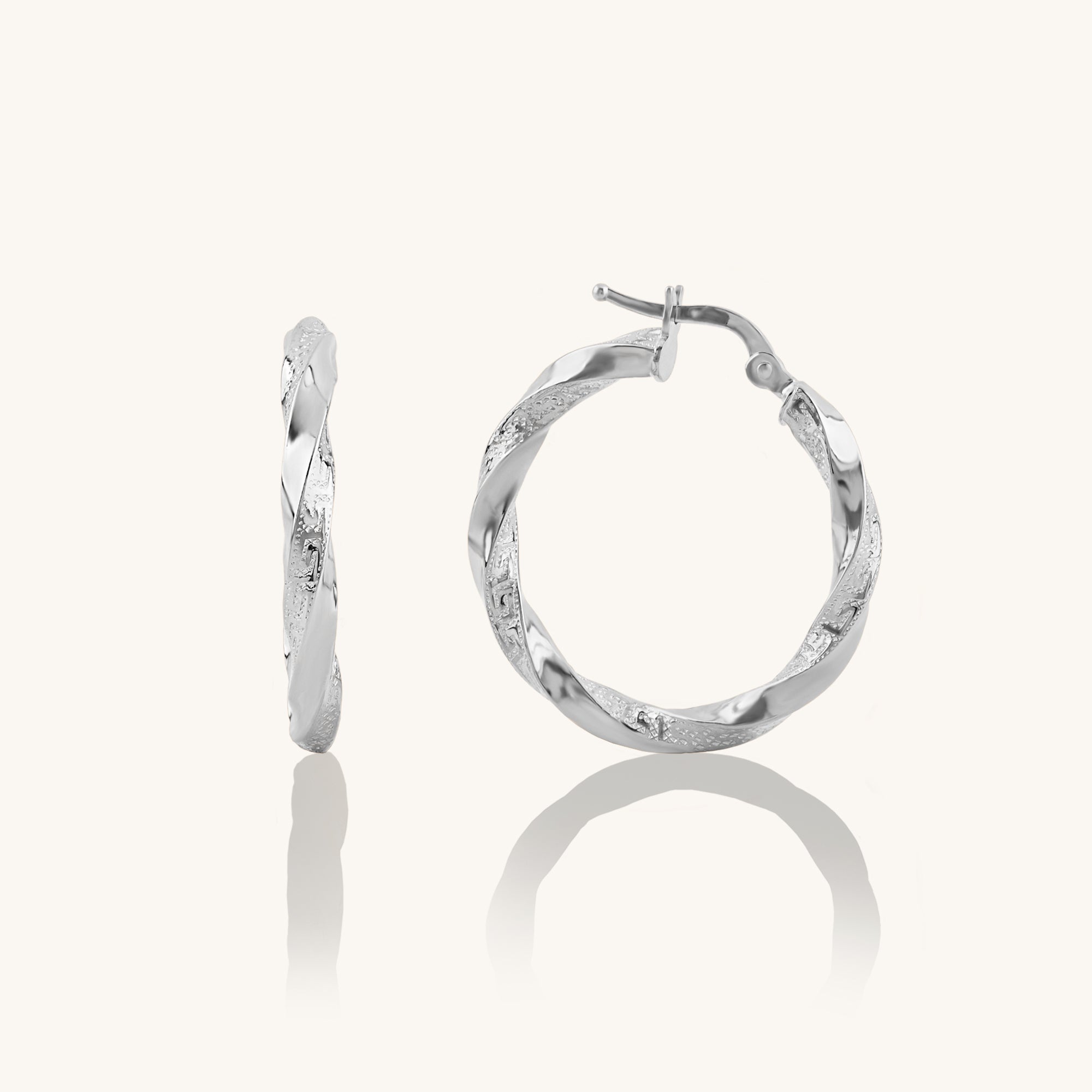 14k Real White Gold Greek Key Twist Hoop Earrings for Women