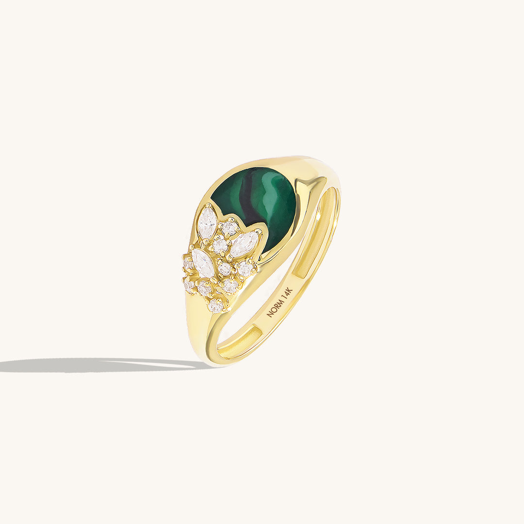 Women's 14K Real Gold CZ Flower Green Enamel Oval Signet Ring