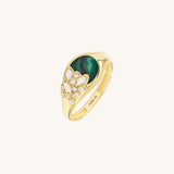 14K Solid Yellow Gold Green Enamel Flower Pave Signet Ring