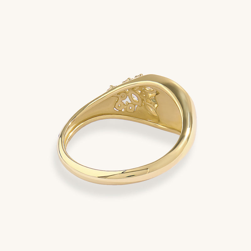 14K Solid Gold Green Enamel Flower Pave Signet Ring