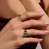 14K Solid Gold CZ Pave Line Signet Ring Finished with Green Enamel