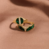 Women's 14K Real Gold Green Signet Ring Paved with CZ