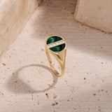 Green Enamel Pave Line Signet Ring in 14K Gold