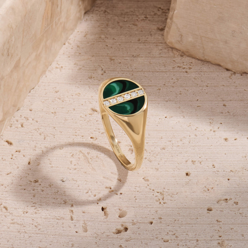 Green Enamel Pave Line Signet Ring in 14K Gold