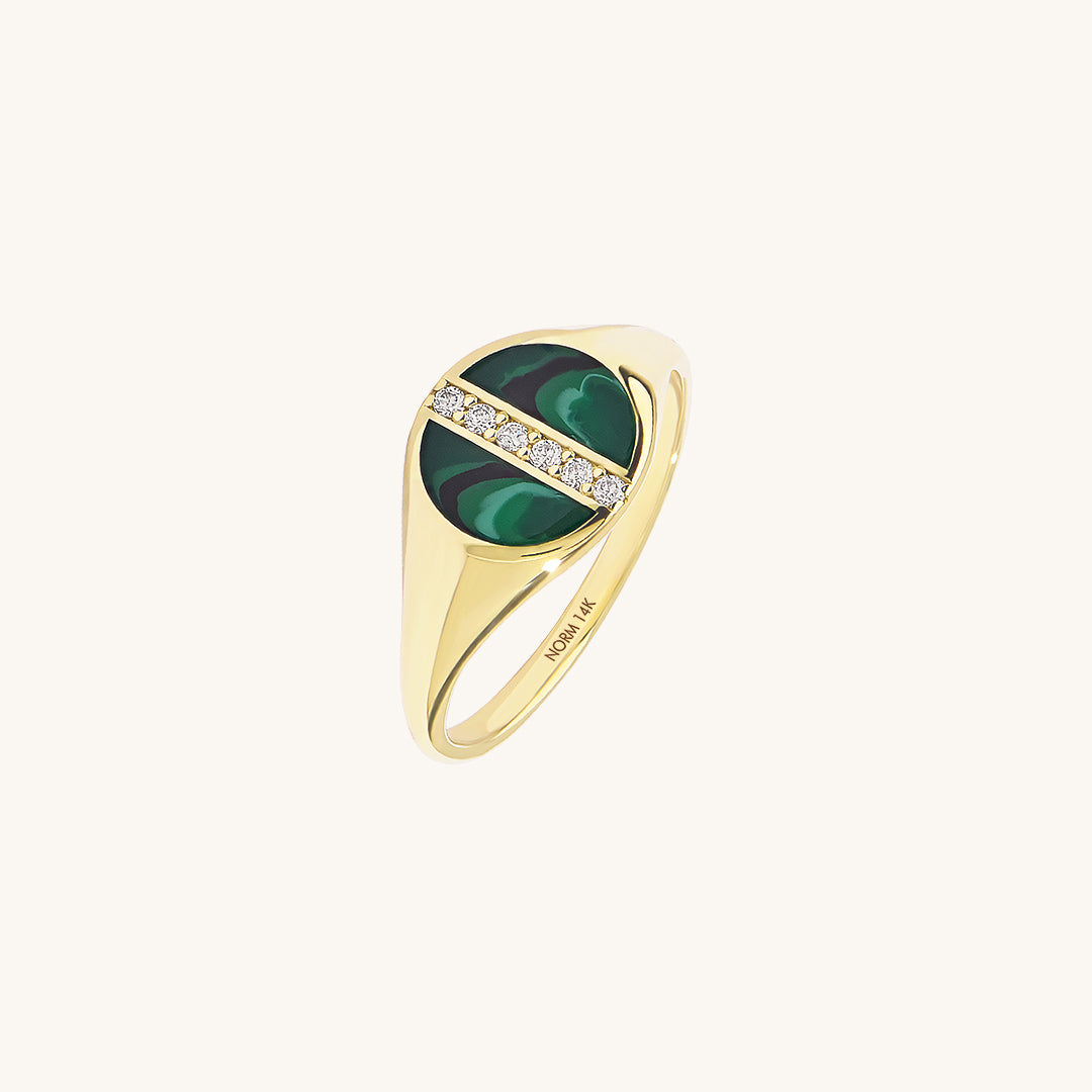 Green Enamel Pave Line Signet Ring in 14K Real Gold