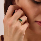 14K Real Gold CZ Pave Line Signet Ring Finished with Green Enamel