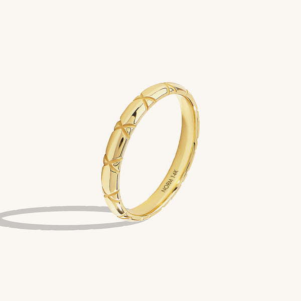 14K Real Yellow Gold X Carved Wedding Band Ring for Women