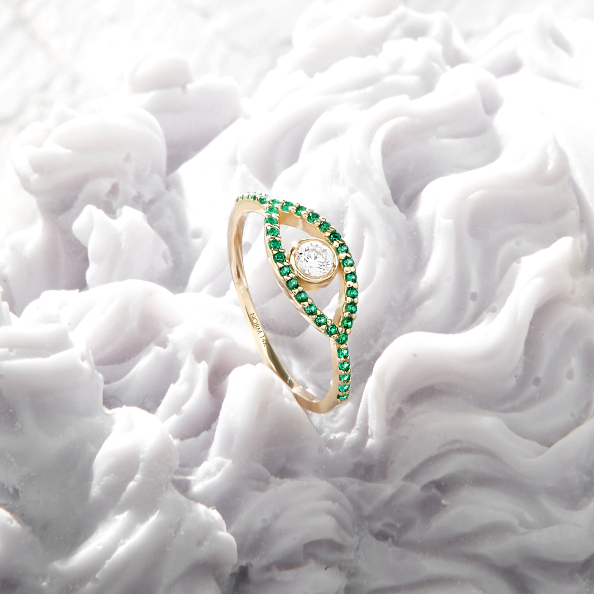 14k Solid Gold Green Evil Eye Ring for Women