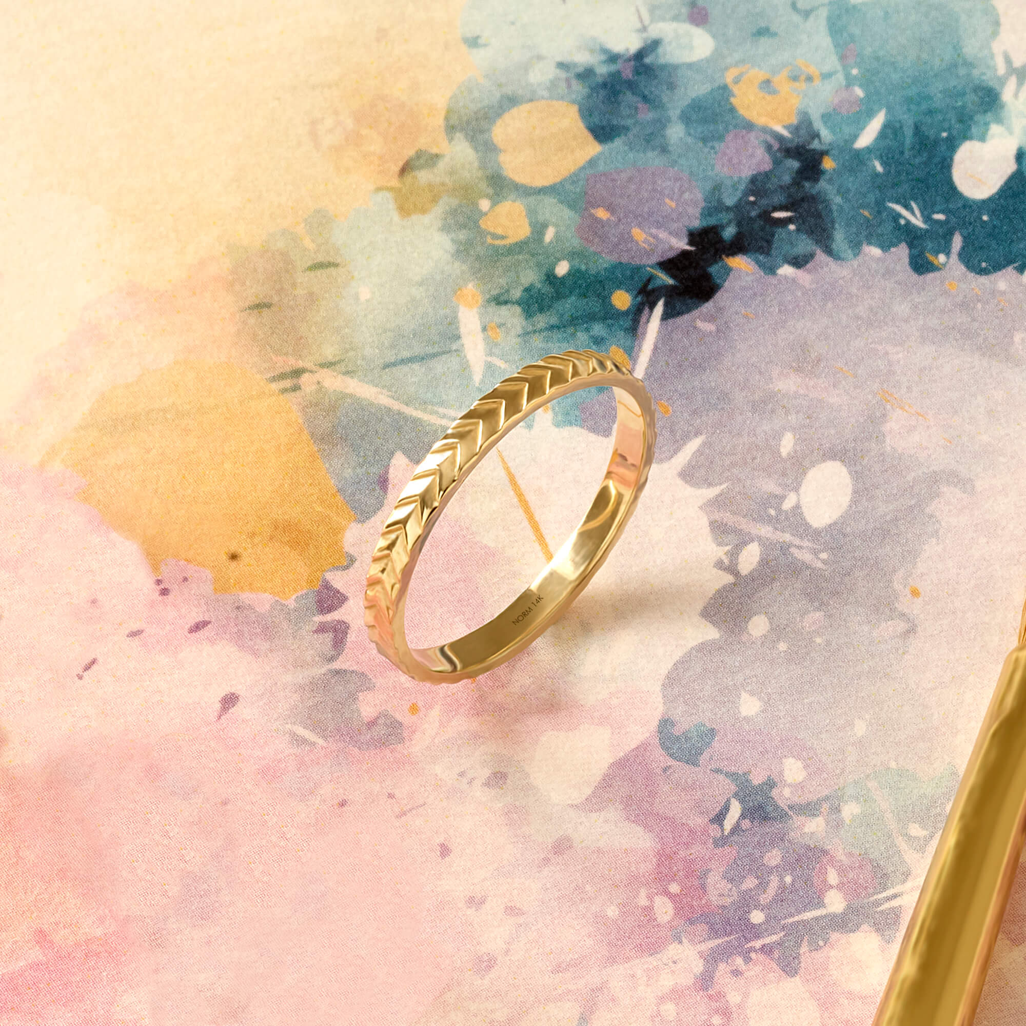 Real Gold Wedding Band with Vintage Arrow Motives