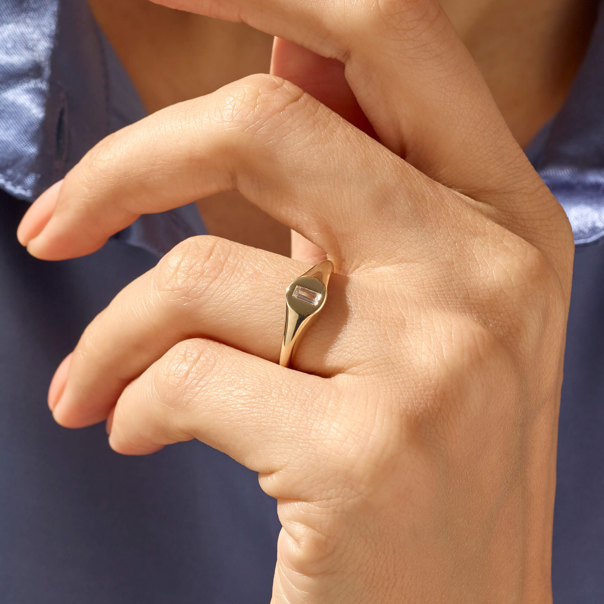 Women's  Baguette Pinky Signet Ring in 14k Real Gold