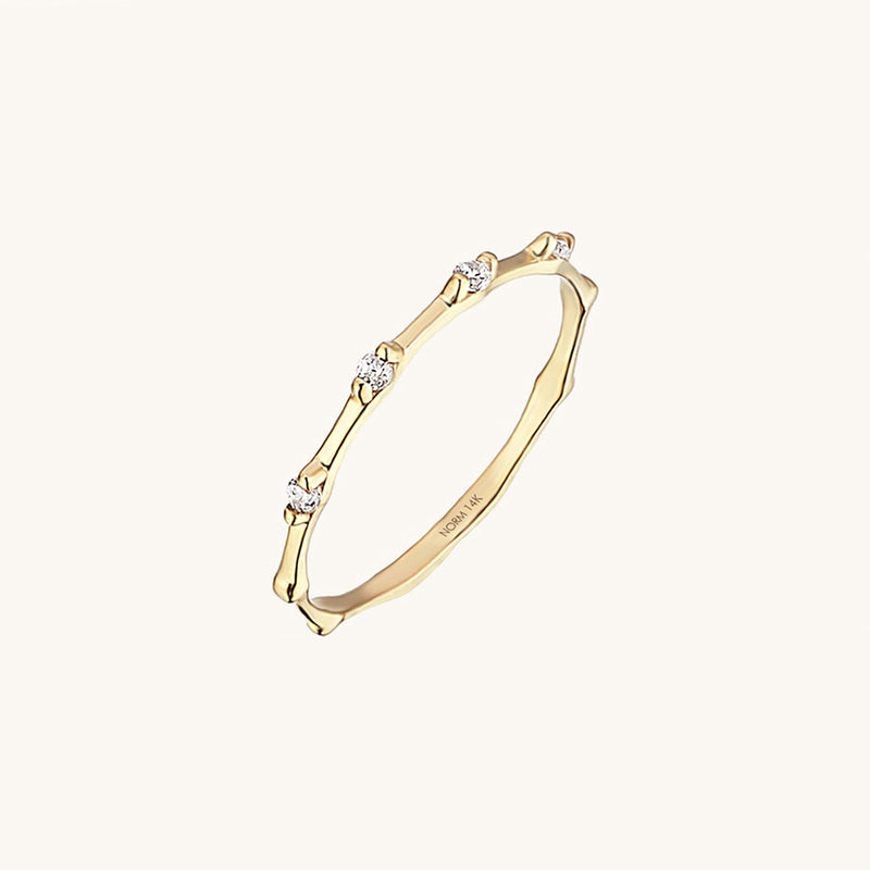 14k Solid Gold 0.075 ctw Diamond Bamboo Ring
