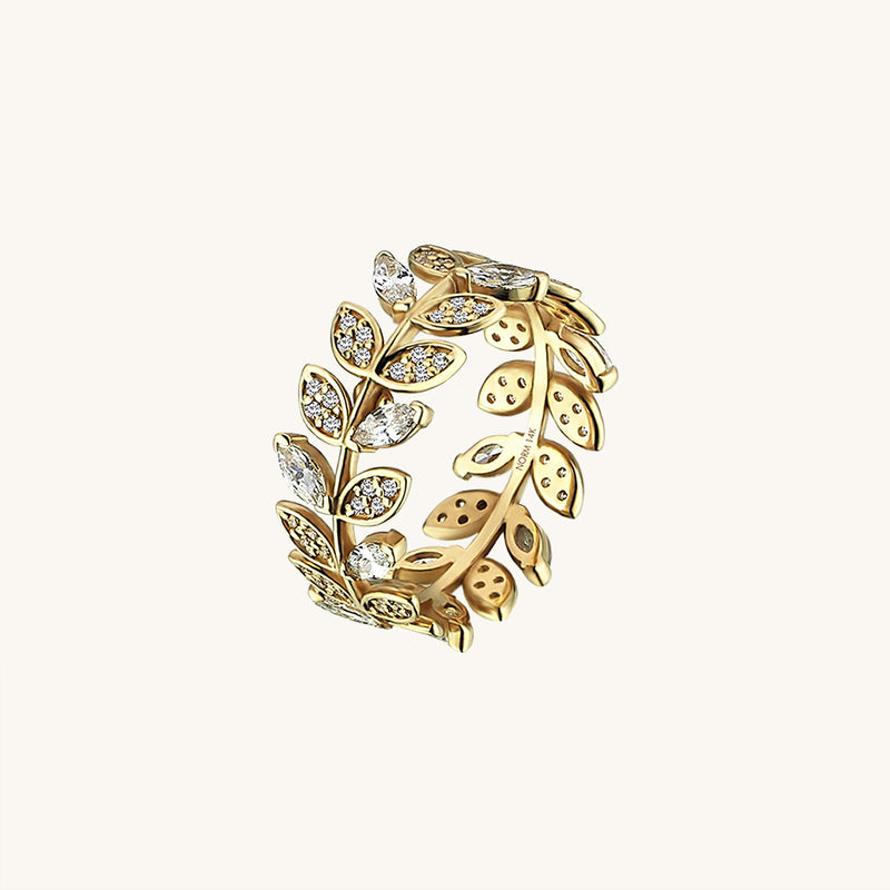 14k Real Yellow Gold Bold Leaf Statement Band Ring