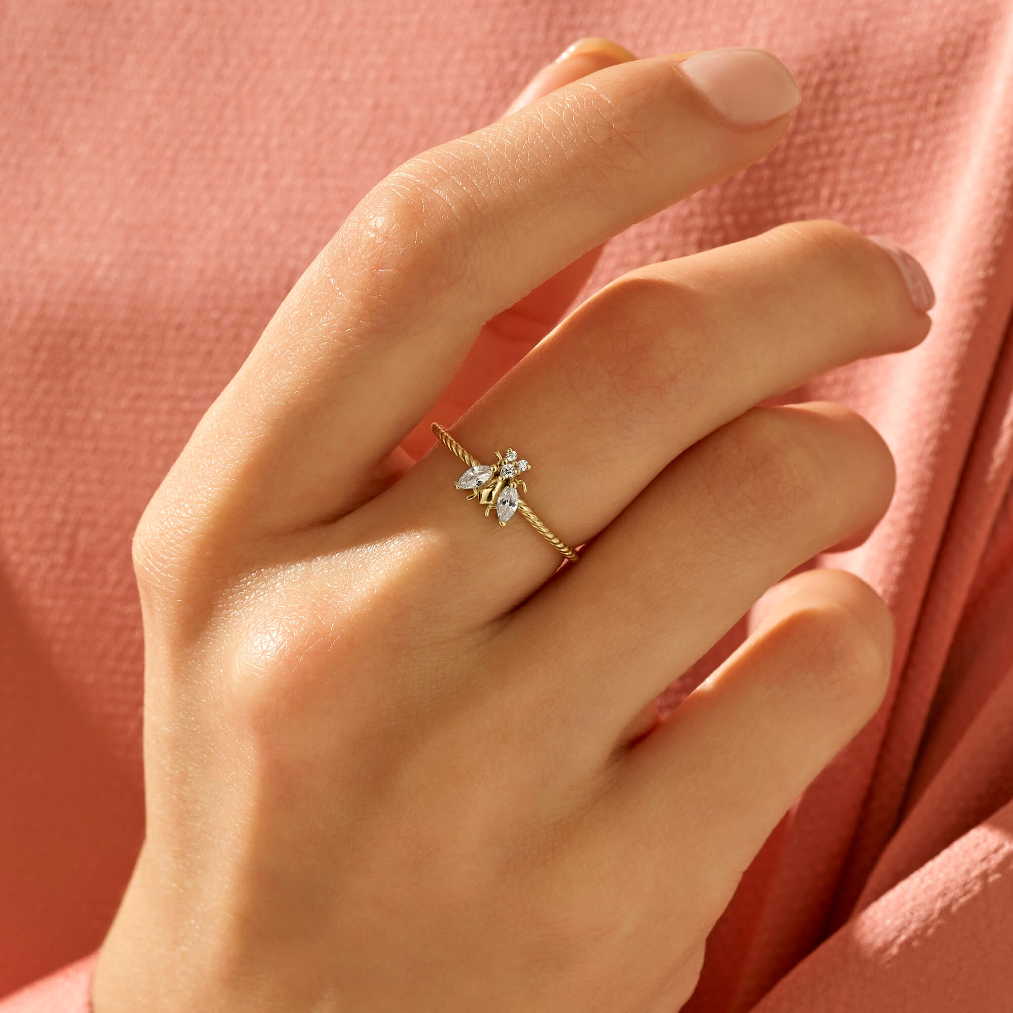 Bee Ring with CZ on 14k Solid Yellow Gold