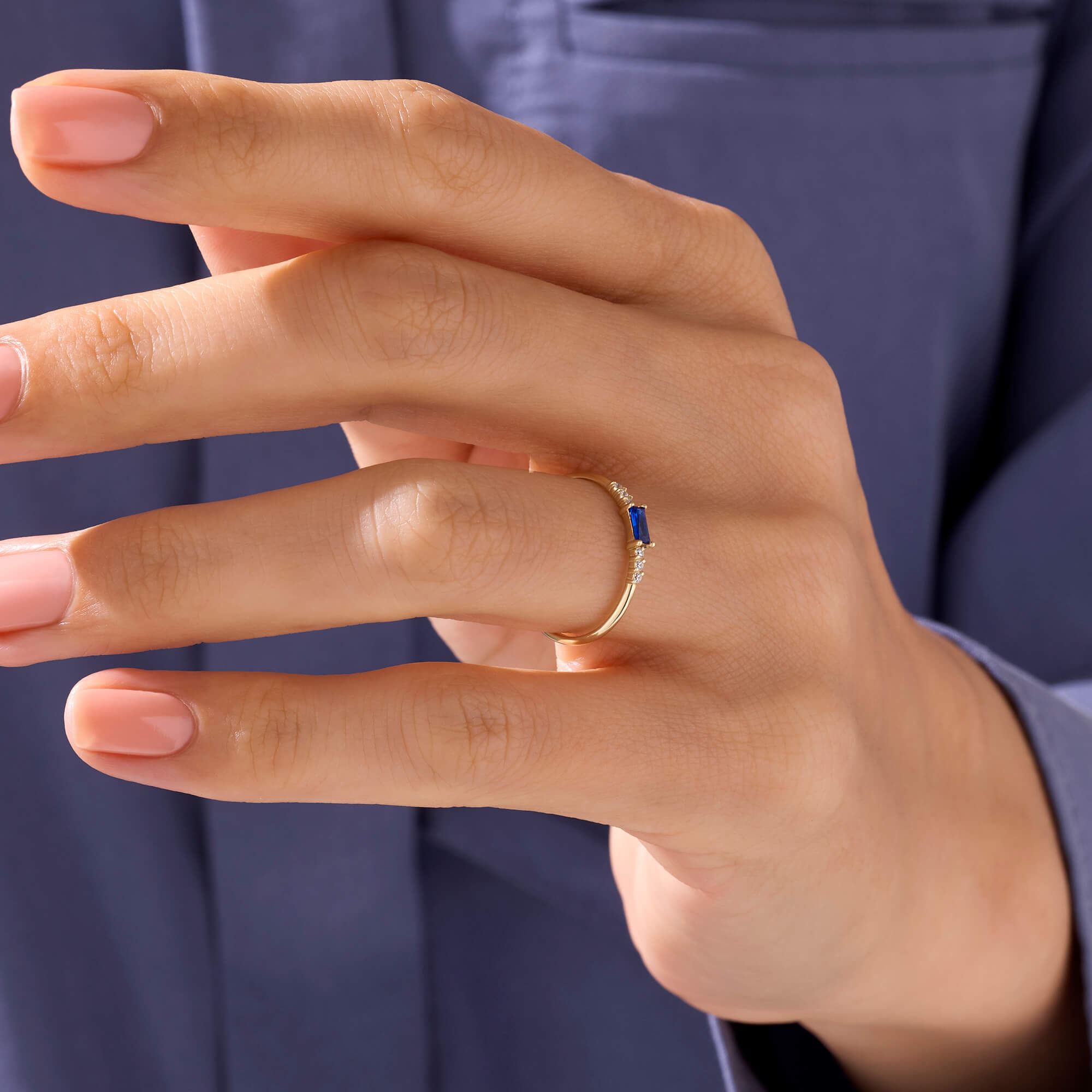 Minimalist Blue Baguette Solitaire Ring in 14k Real Gold