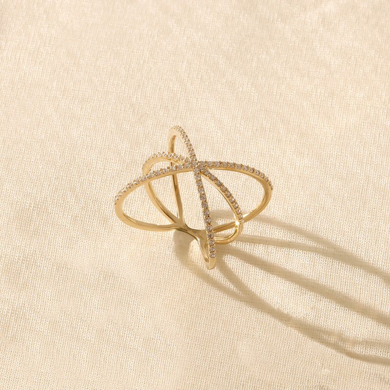 Bold Crossover Statement Ring in 14k Solid Yellow Gold