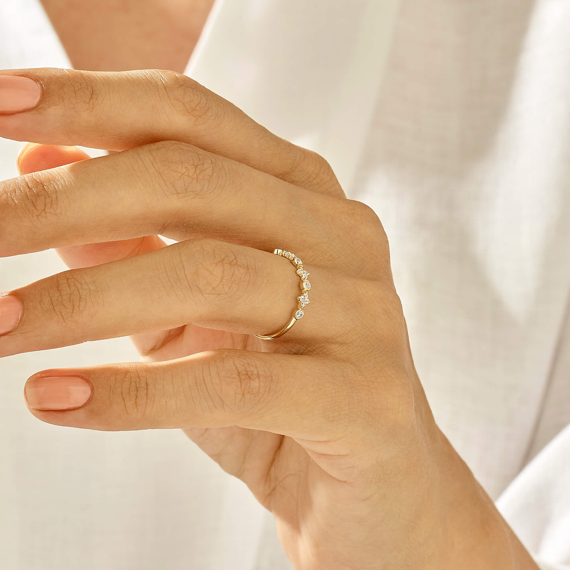Cross Band Ring with Sparkly White Stones in 14k Real Gold