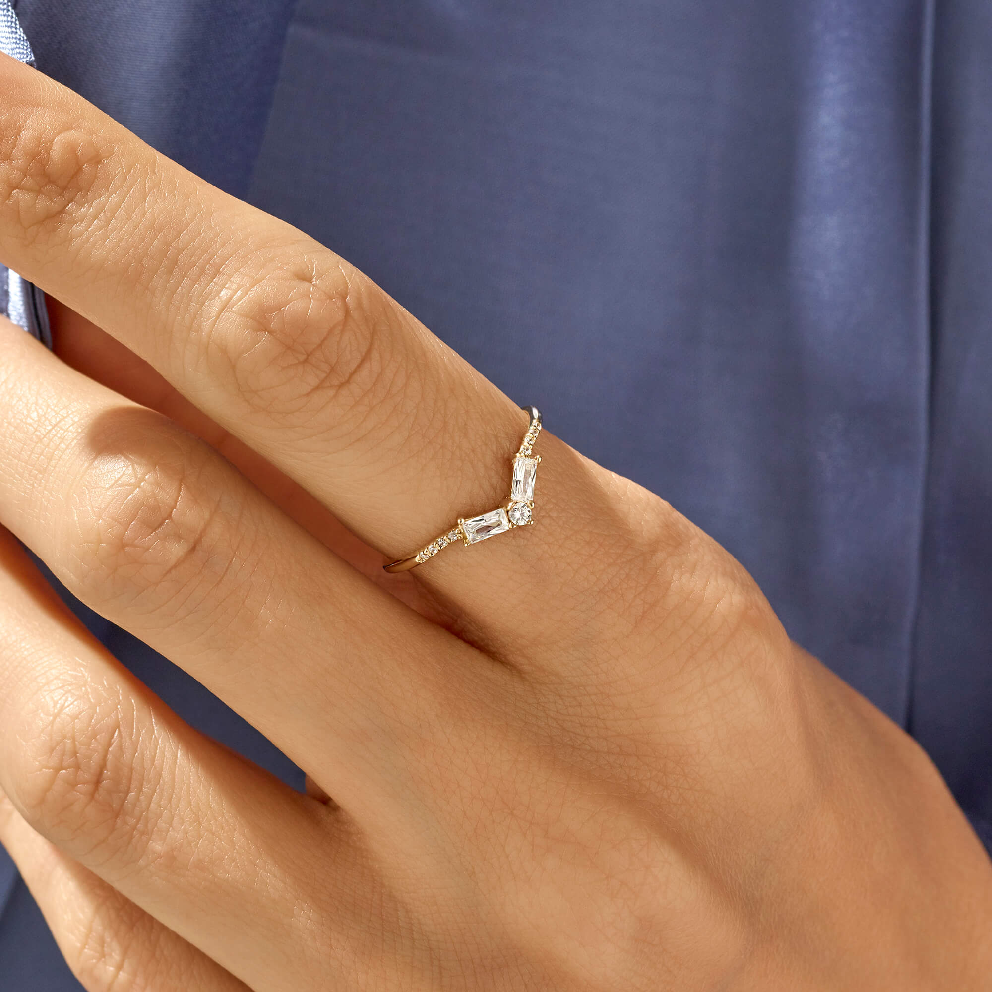 Curved Baguette Wedding Ring in 14k Solid Yellow Gold