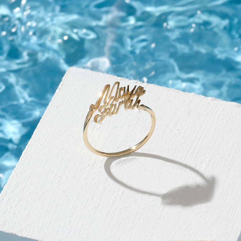 Double Name Customizable Ring in 14k Solid Gold for Her