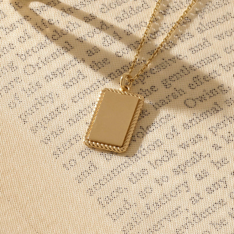 14k Real Yellow Gold Rectangular Engravable Pendant Necklace for Women