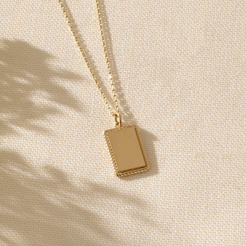14k Real Yellow Gold Rectangular Engravable Pendant Necklace