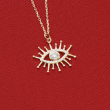 Tiny Paved Evil Eye Pendant Necklace in 14k Solid Yellow Gold