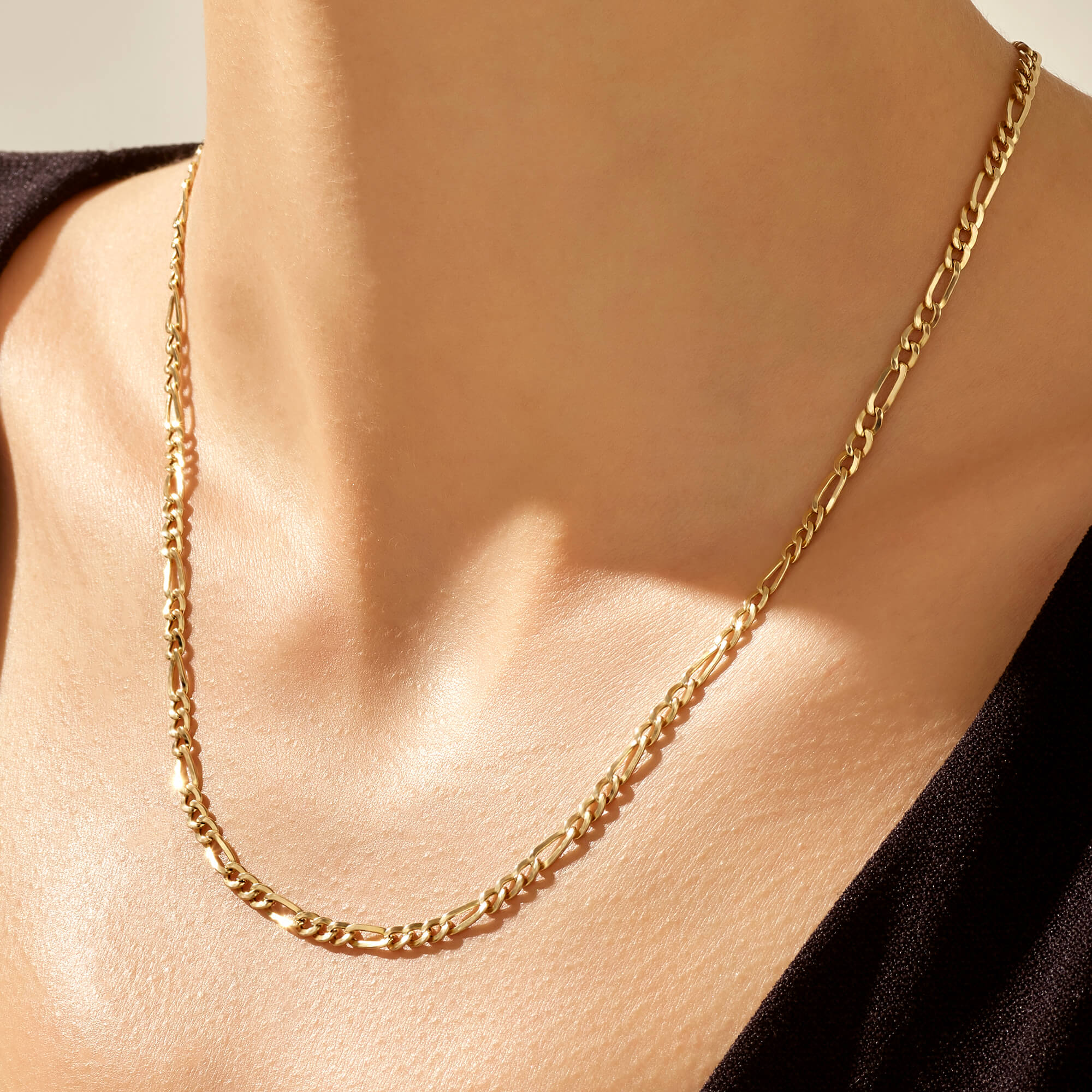 Simple Figaro Chain Necklace in 14k Real Yellow Gold