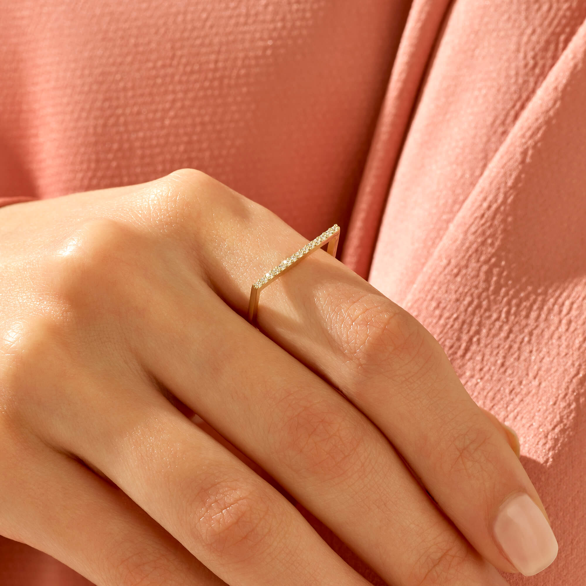 Women's Flat Bar Ring with White CZ in 14k Real Gold