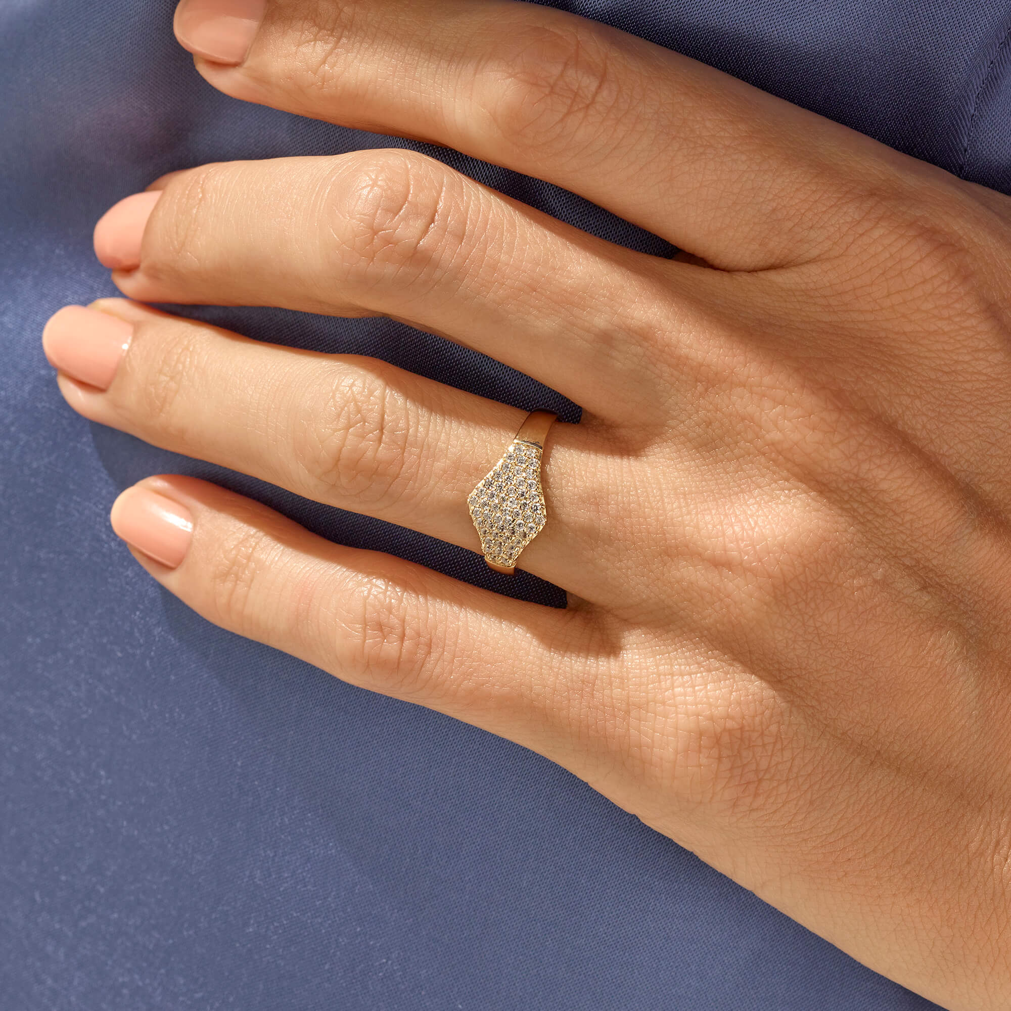 Women's Flat Pave Signet Ring in 14k Real Yellow Gold