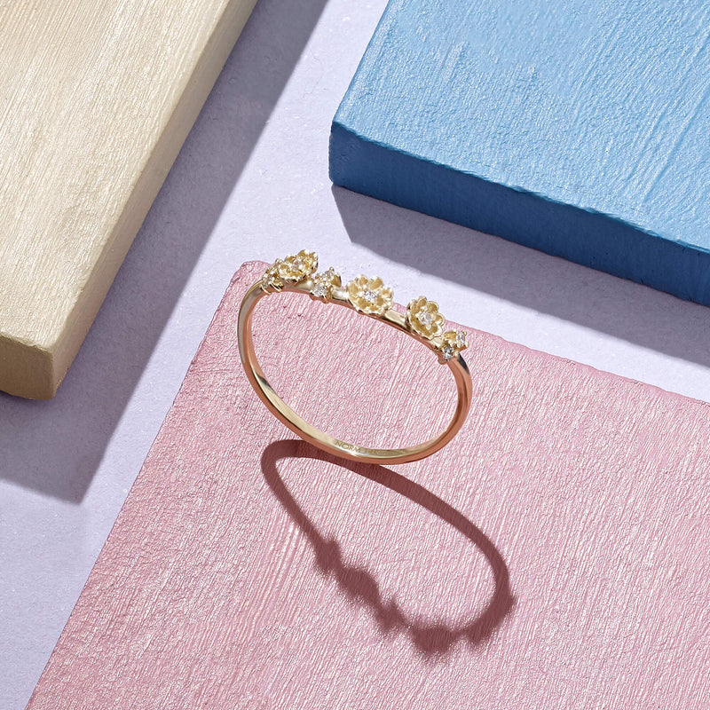 Stackable Flower Curved Ring in 14k Solid Gold