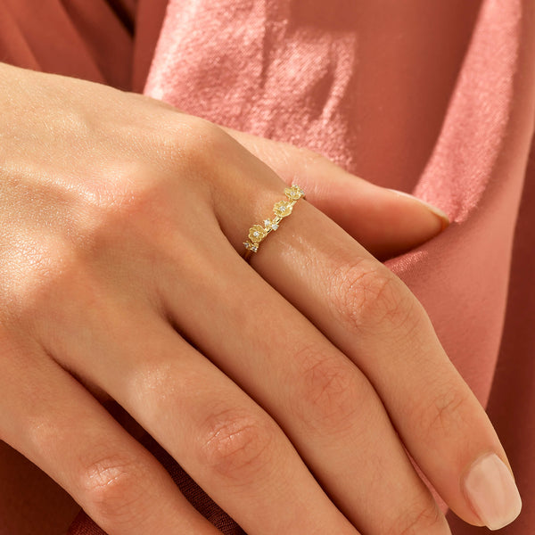 Flower Curved Ring in 14k Solid Yellow Gold