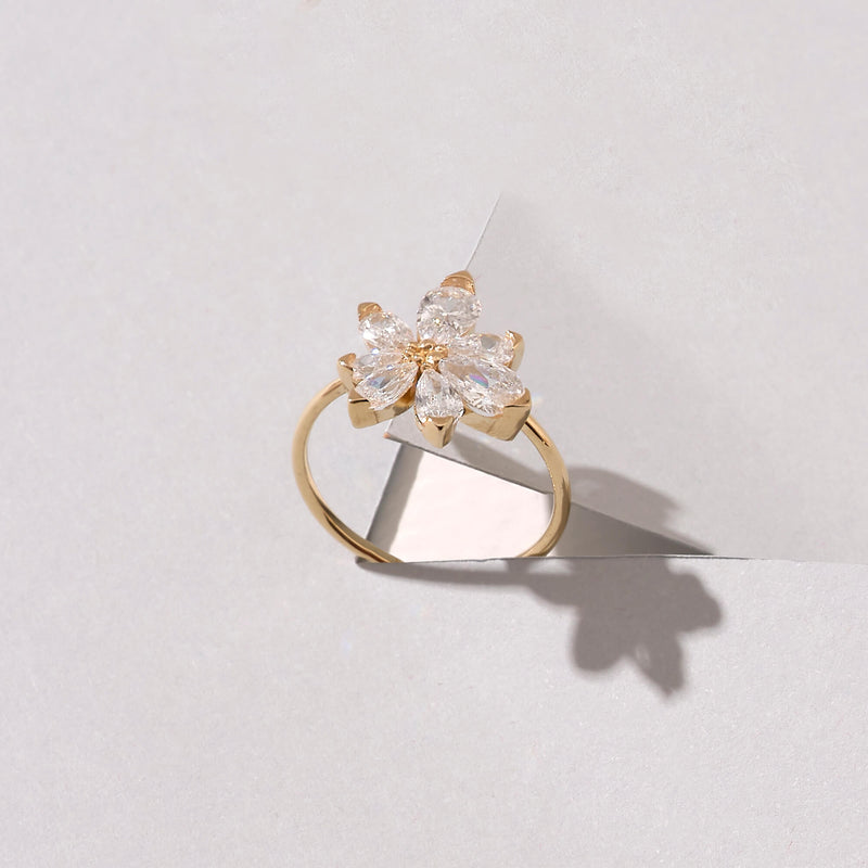 Women's White CZ Flower Gemstone Ring in 14k Solid Yellow Gold