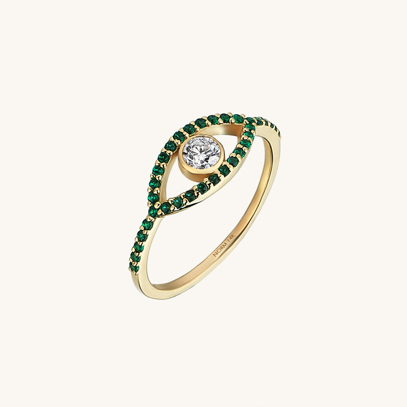 Women's Green Evil Eye Stacking Ring in 14k Real Yellow Gold