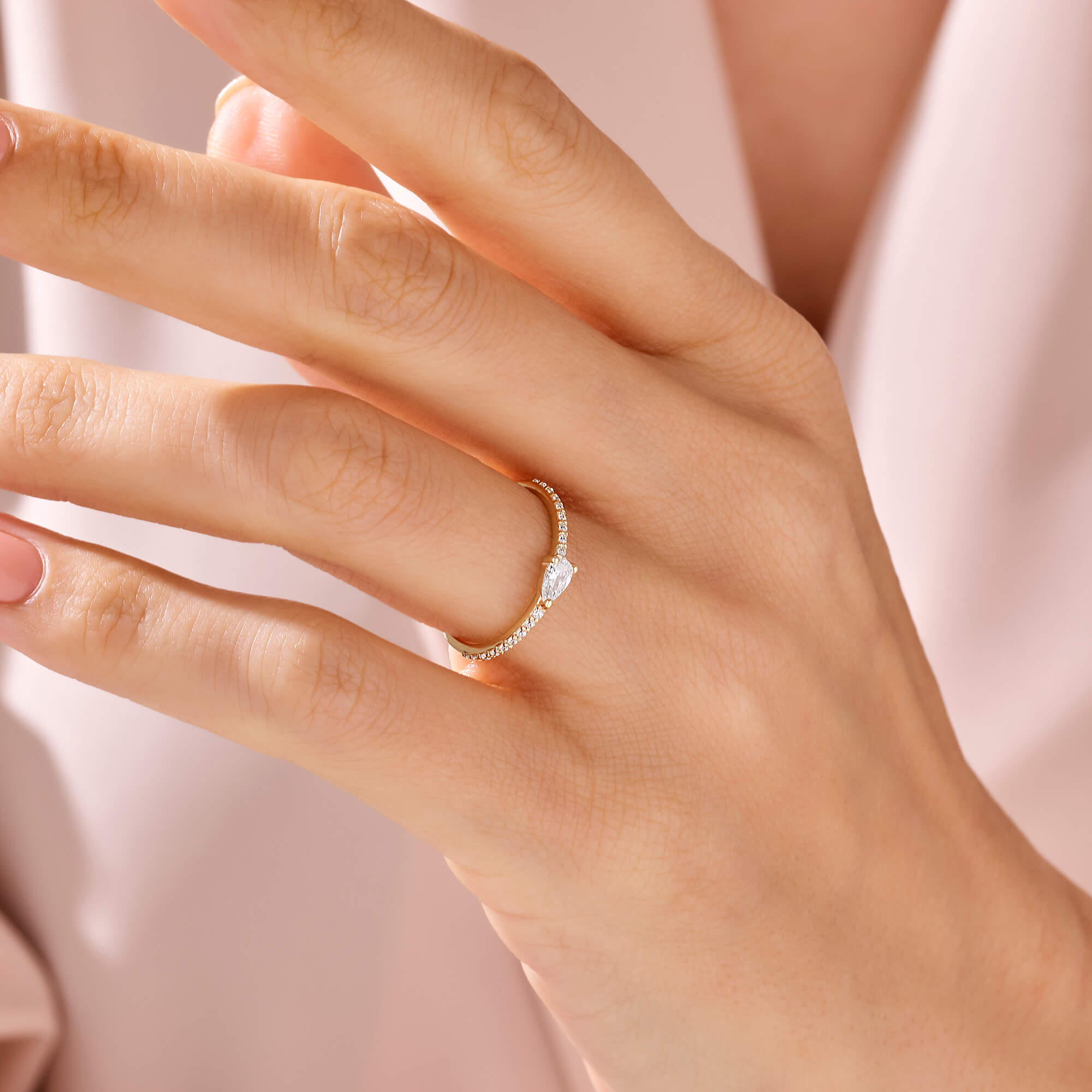 Pear Cut Solitaire Half Eternity Ring in 14k Solid Gold