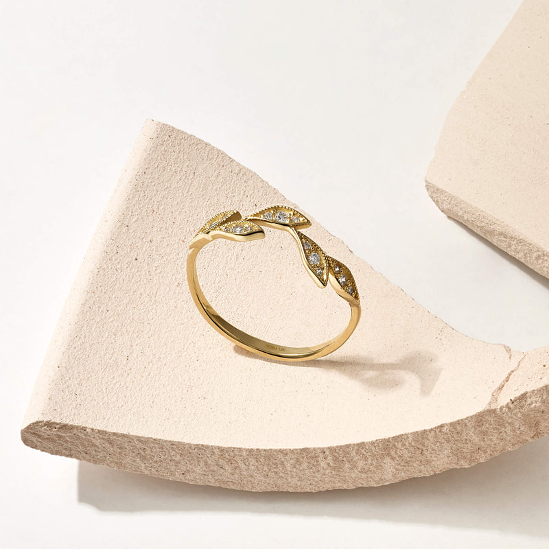 Iconic Leaf Ring Paved with CZ in 14k Solid Gold