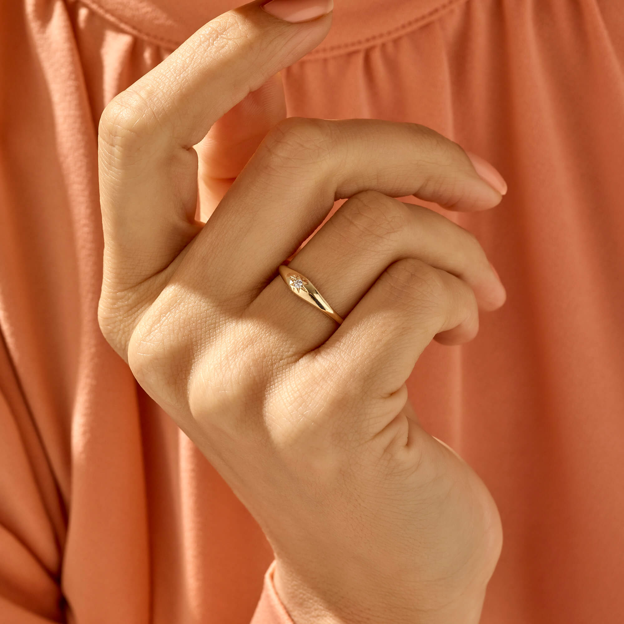 Women's Iconic Signet Ring with Paved Star in 14k Solid Yellow Gold