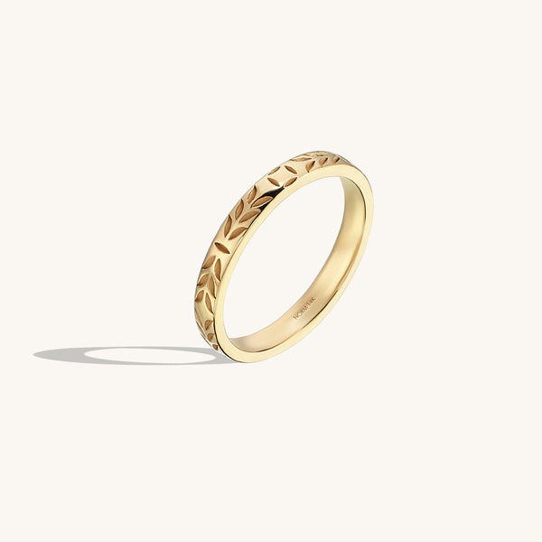 14k Solid Gold Leaf Engraved Band Ring for Women